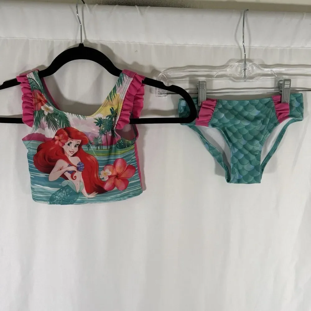 Disney Princess Swim Suit 2 Piece Girl 3T Ariel Green Pink Floral Little Mermaid